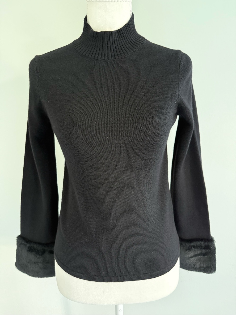 Janie and Jack Black Ribbed Mock Neck Sweater with Faux Fur Cuffs